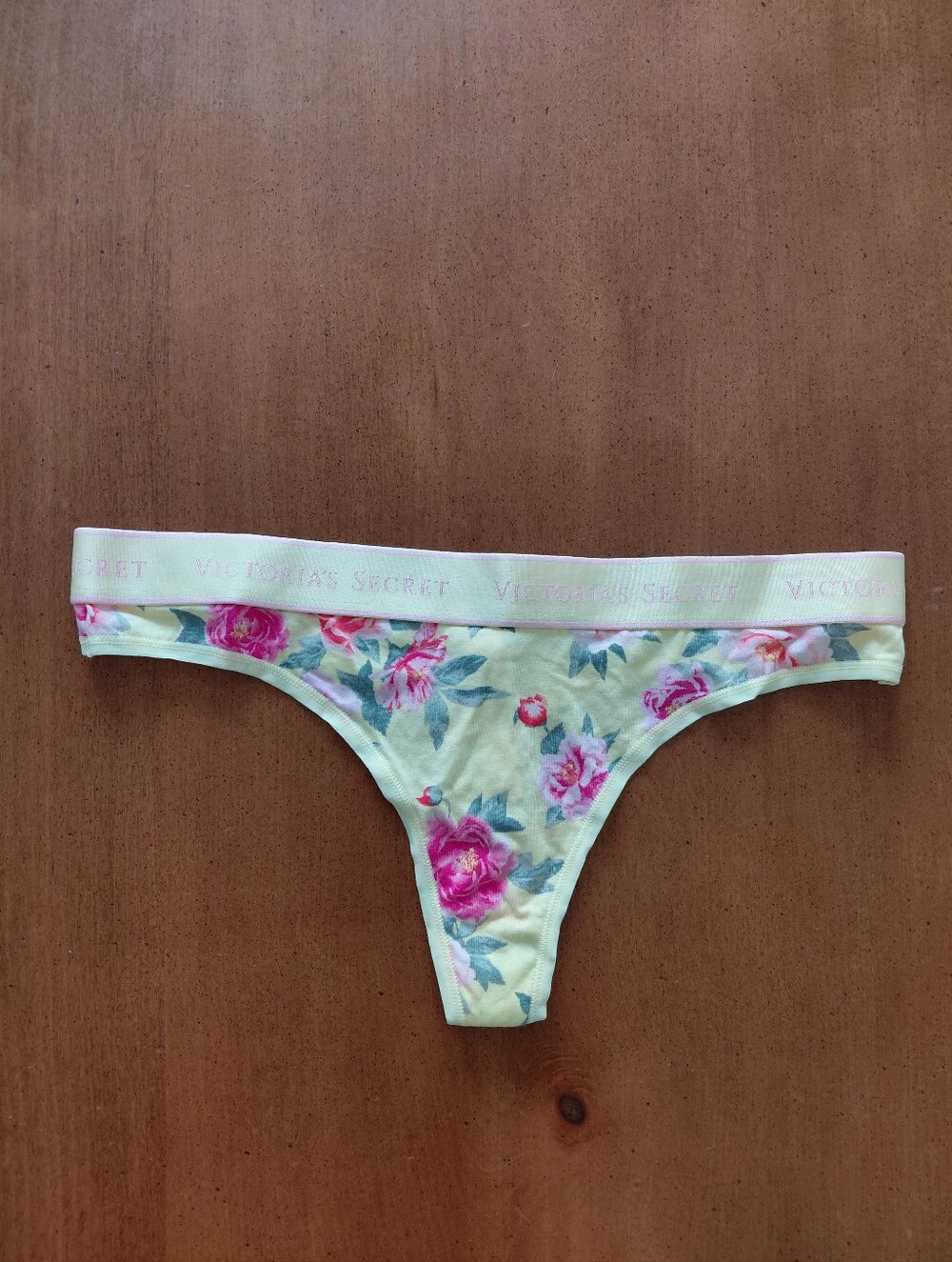 Victoria's Secret Yellow Pink Floral Logo Band Thong Panty NWT Size M